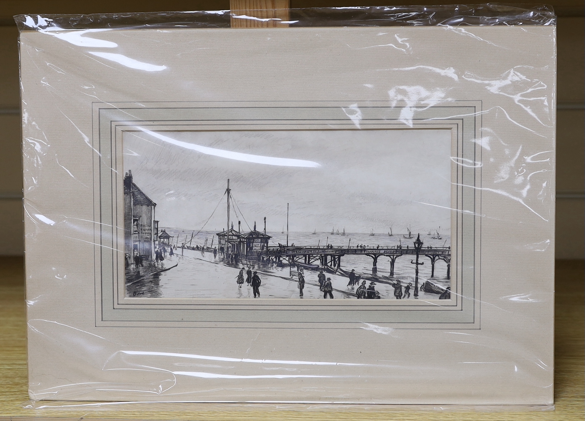 Sir David Muirhead Bone (Scottish, 1876-1953) ink and wash drawing, 'Deal Pier 1920-30', signed, with Albert Roullier Art Galleries inscribed label, mounted, unframed, 12.5 x 24.5cm